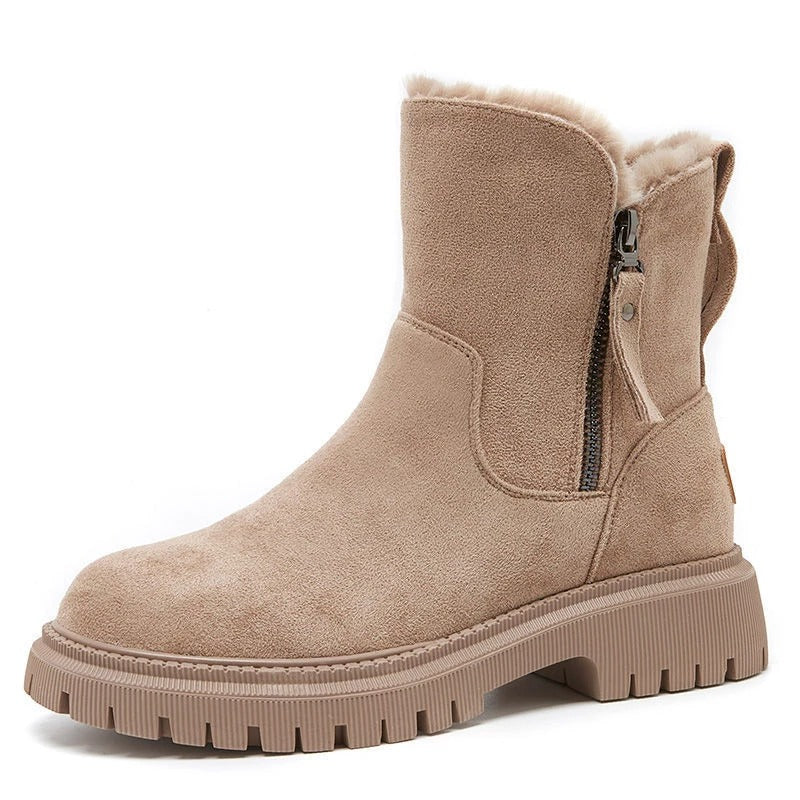 Winnifred beige fur-lined ankle boots with side zip, angled view