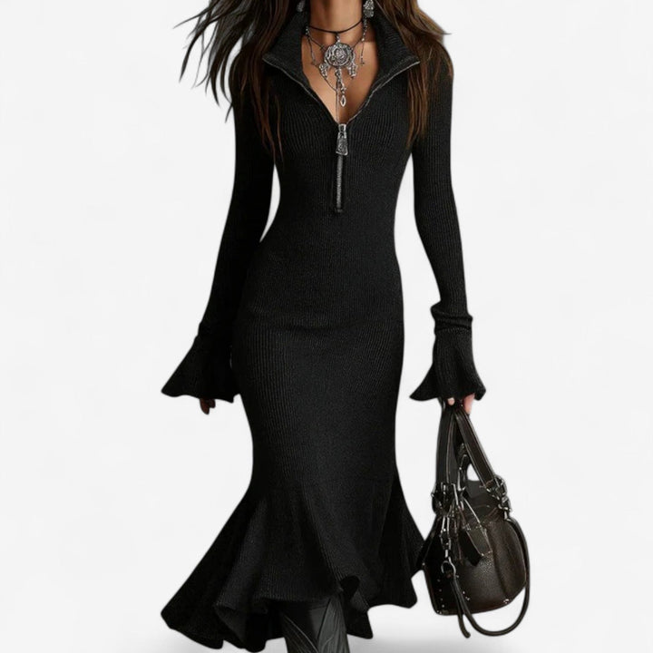 Isolde black zip collar sweater dress, front view