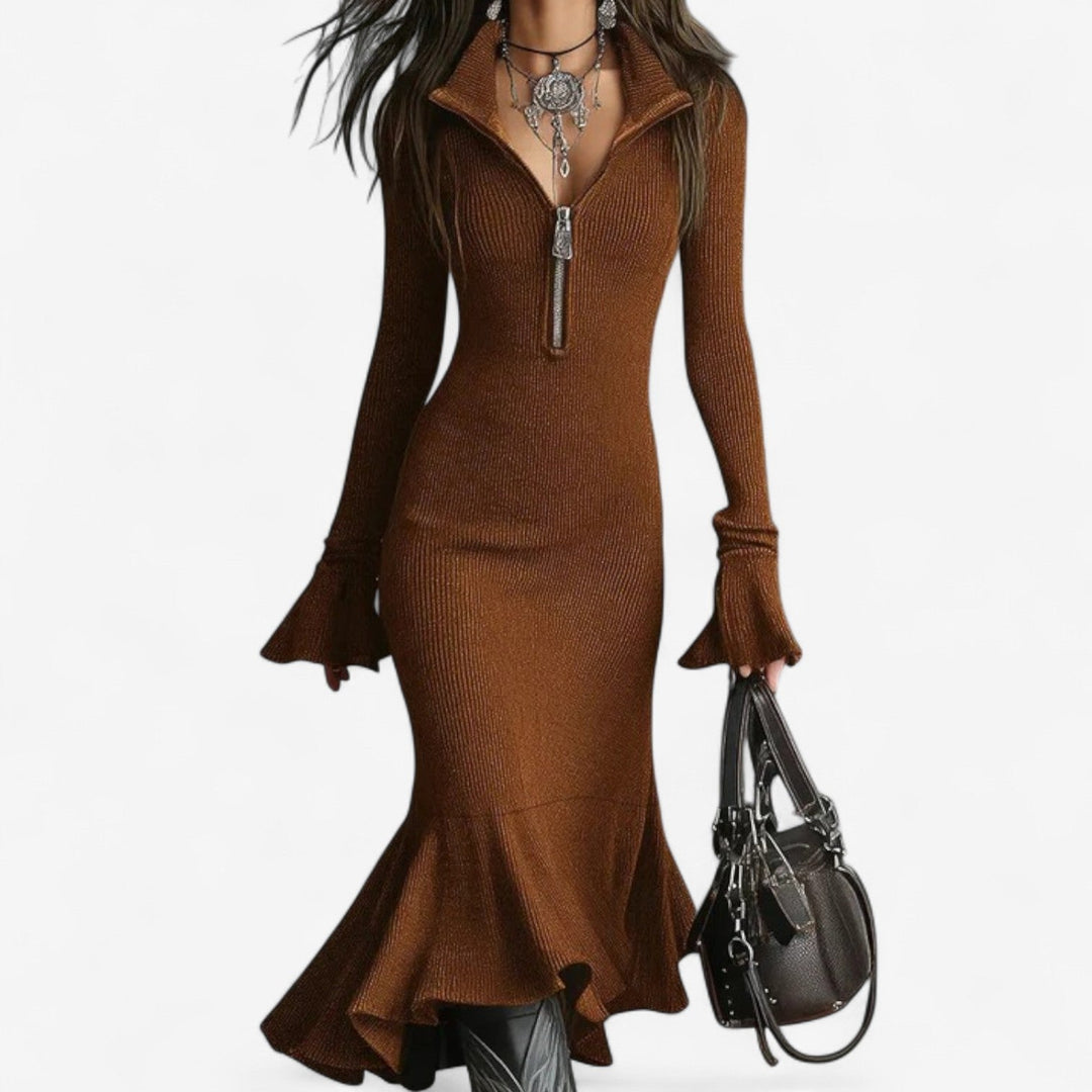 Isolde black zip collar sweater dress, front view