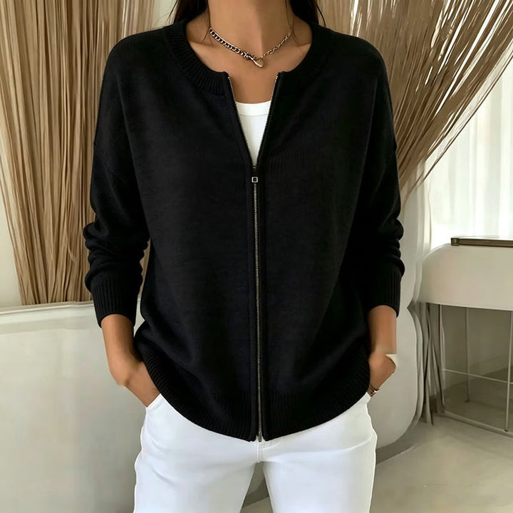 Josephine zip front ribbed knit cardigan in black, front view