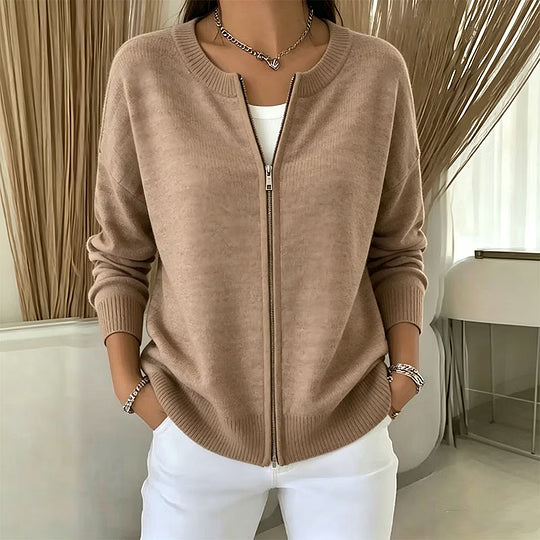 Josephine zip front ribbed knit cardigan in khaki, front view