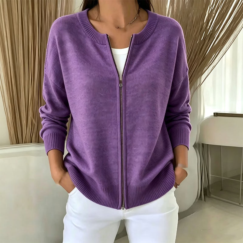 Josephine zip front ribbed knit cardigan in gray, front view