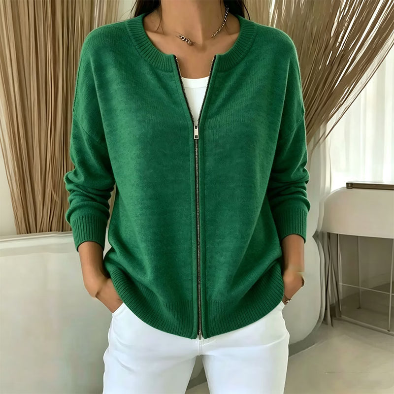 Josephine zip front ribbed knit cardigan in gray, front view