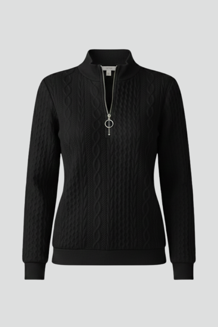 Rosalie zip neck cable knit sweater in black, front view on form