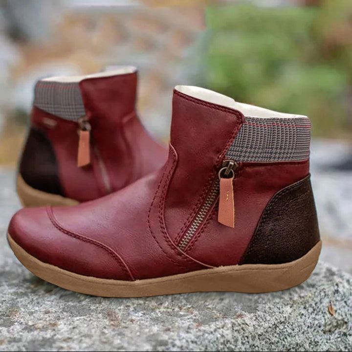 Linnea red zip-up ankle boots with woven cuff detail, side view