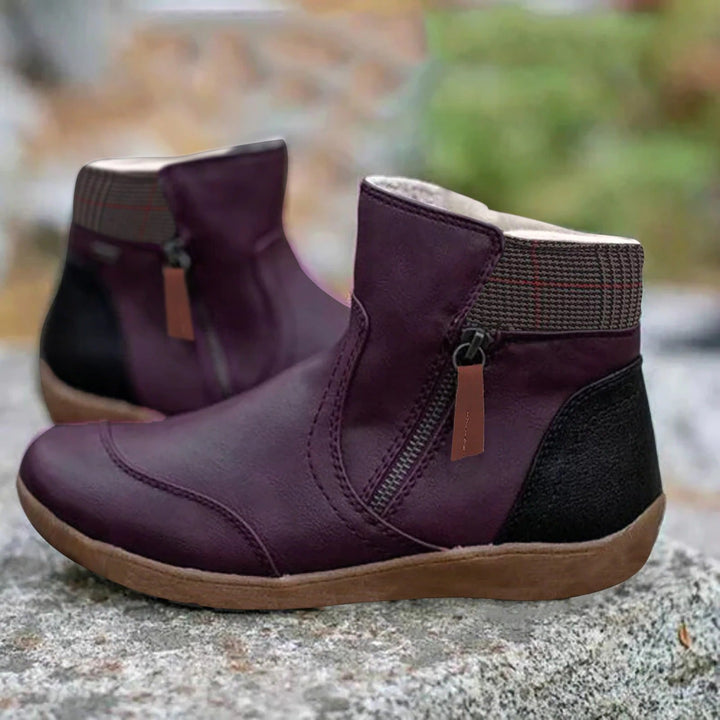 Linnea purple zip-up ankle boots with woven cuff detail, side view