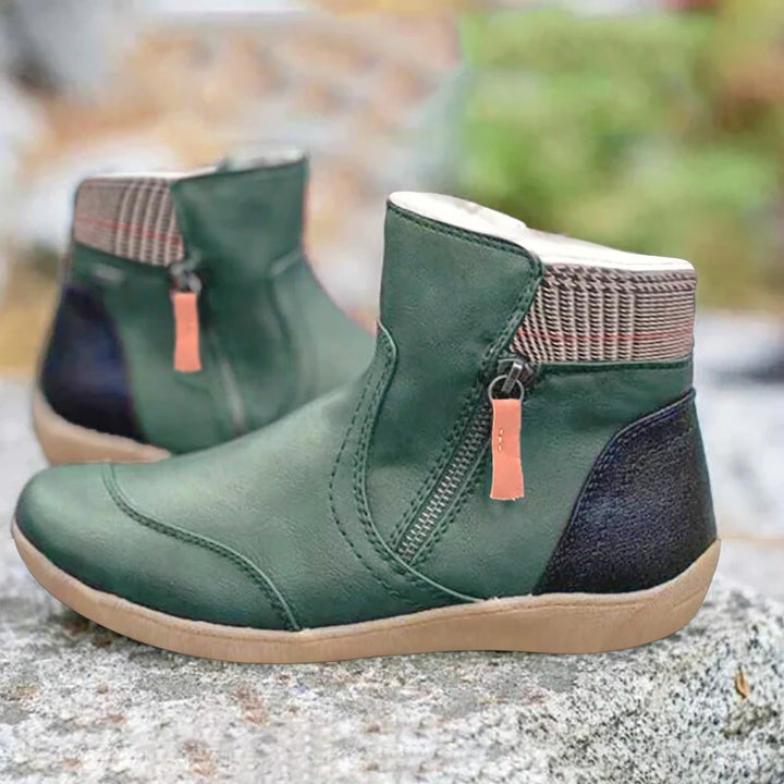 Linnea purple zip-up ankle boots with woven cuff detail, side view
