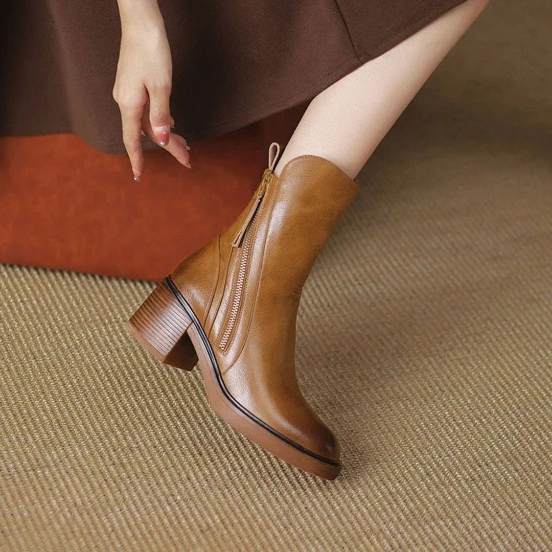 Marguerite brown block heel ankle boot, side view