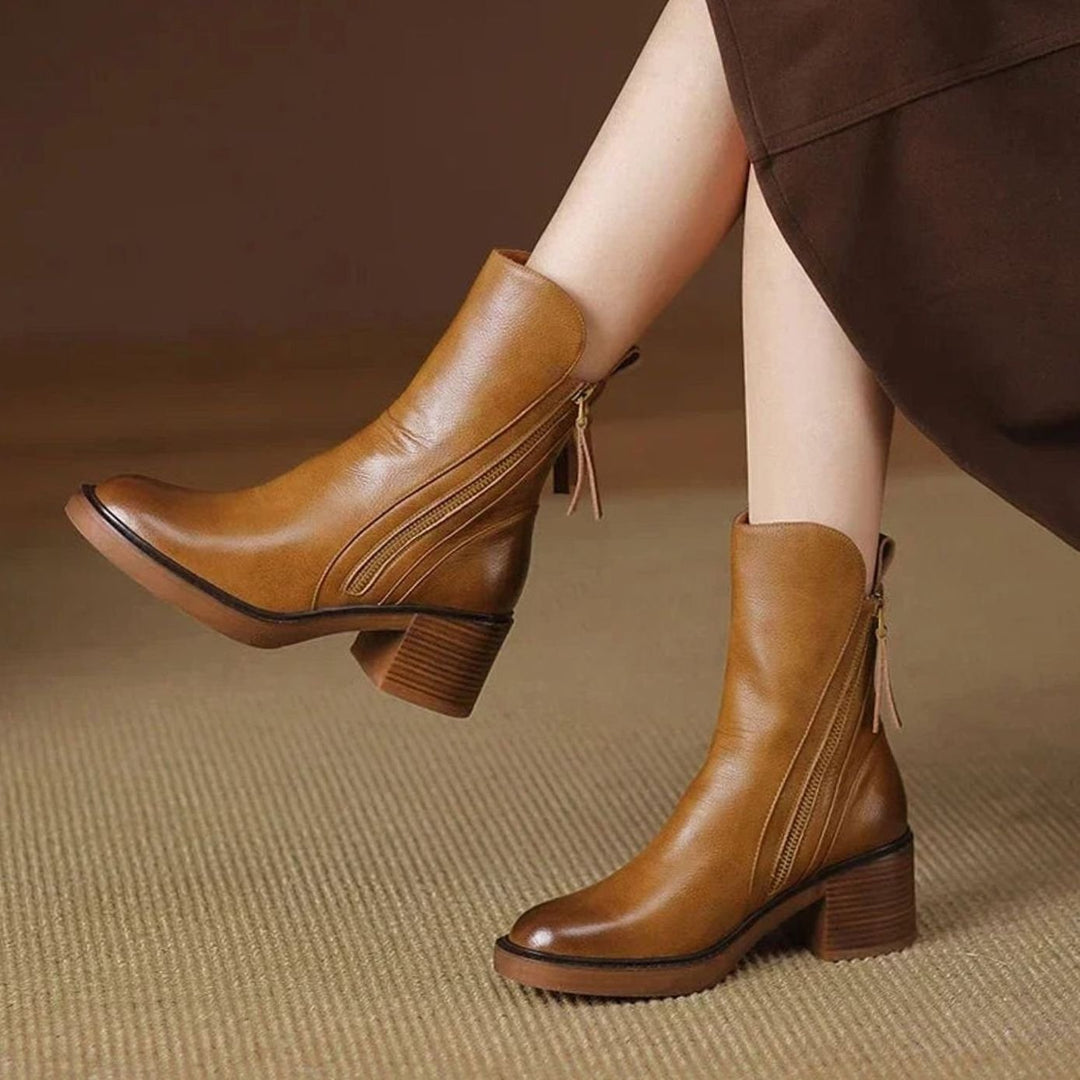 Marguerite brown block heel ankle boot, side view