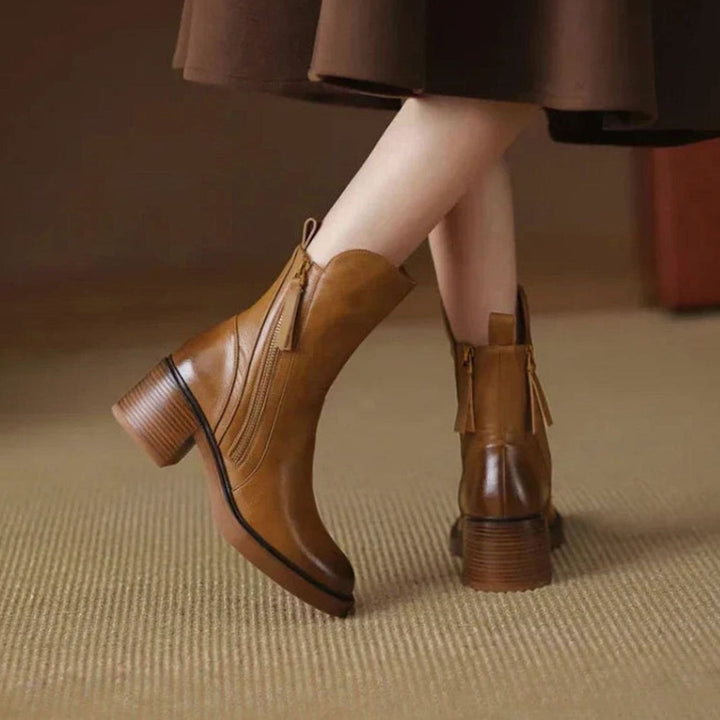 Marguerite brown block heel ankle boot, side view