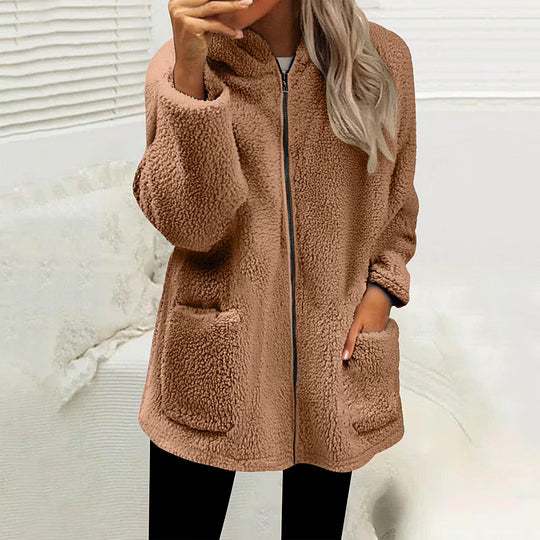Marielle zip-up fleece jacket in tan, front view