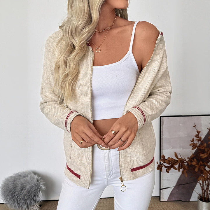 Wren bomber zip-up cardigan worn off-shoulder, styled look