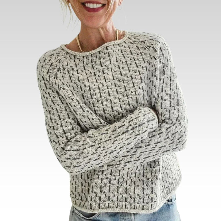 Wren dotted knit crew neck sweater, front view with arms crossed