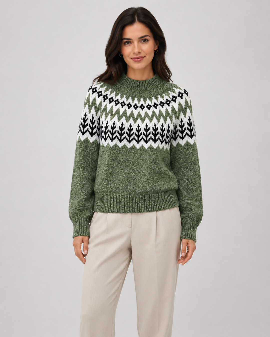 Wren Fair Isle mock neck sweater, front view on model