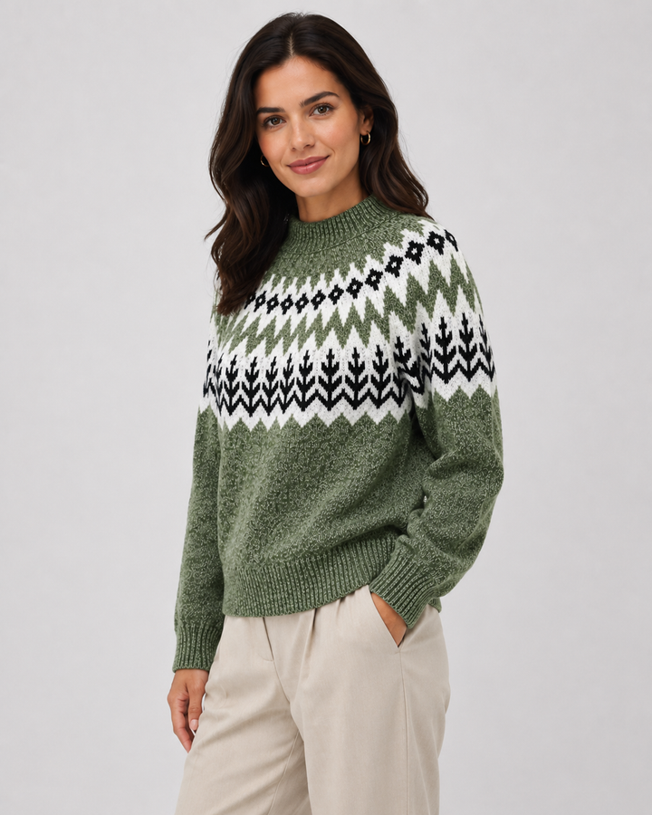 Wren Fair Isle mock neck sweater, side view on model