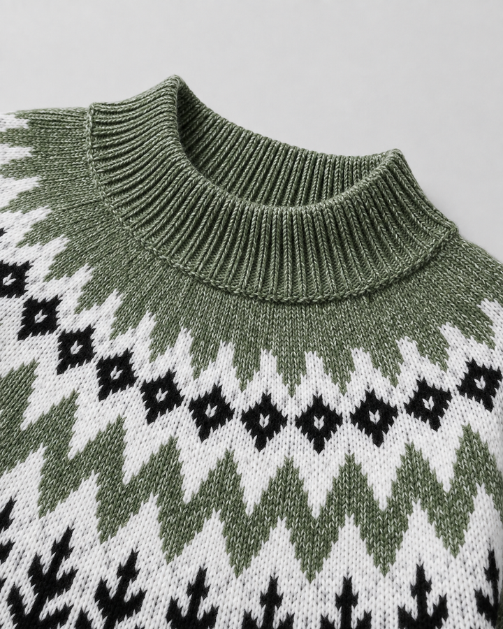 Wren Fair Isle mock neck sweater, close-up of ribbed hem and knit pattern