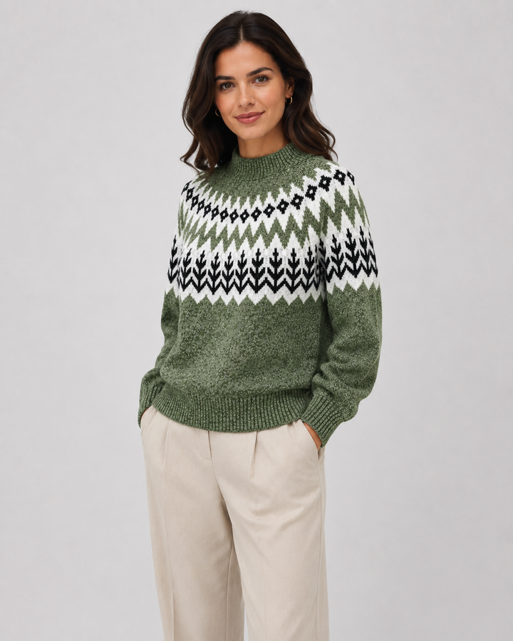 Wren Fair Isle mock neck sweater, close-up of ribbed hem and knit pattern
