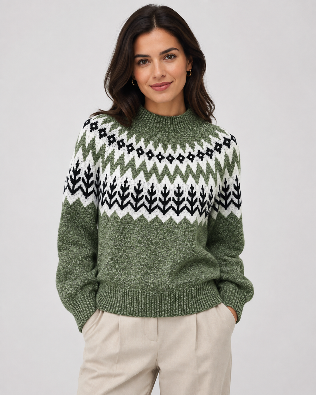 Wren Fair Isle mock neck sweater, close-up of ribbed hem and knit pattern