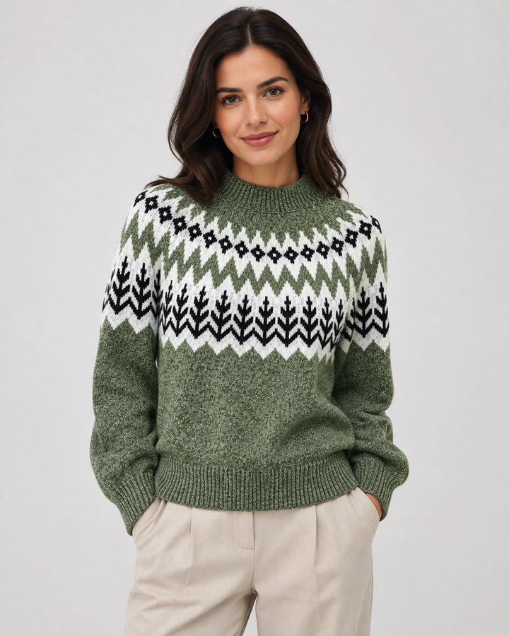 Wren Fair Isle mock neck sweater, close-up of ribbed hem and knit pattern