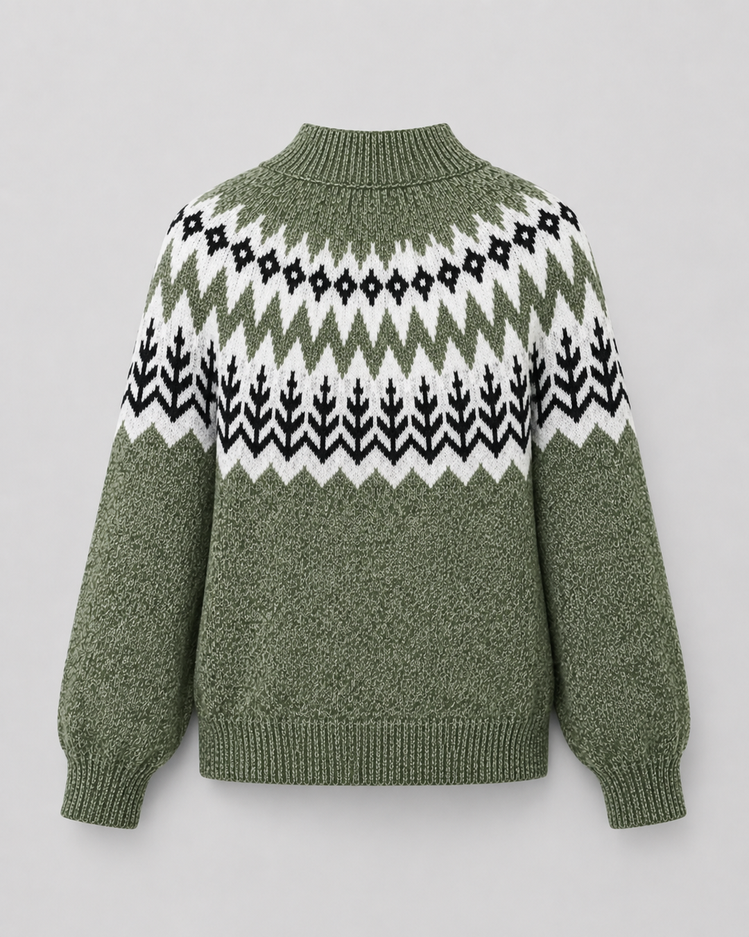 Wren Fair Isle mock neck sweater, close-up of ribbed hem and knit pattern