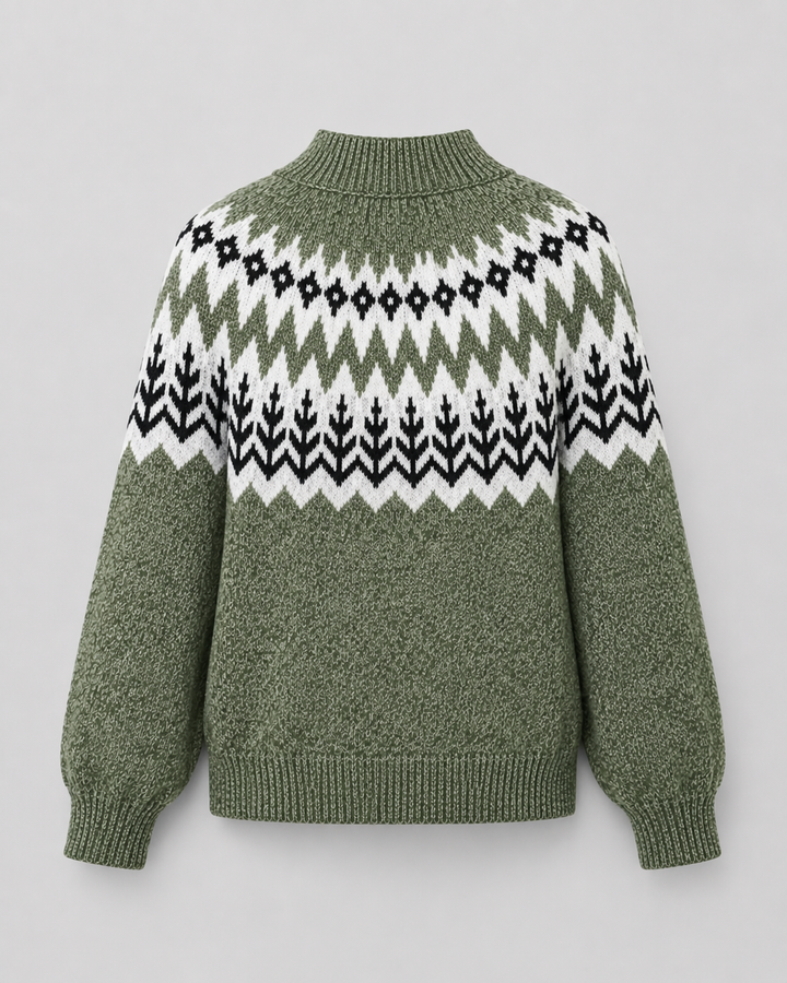 Wren Fair Isle mock neck sweater, close-up of ribbed hem and knit pattern
