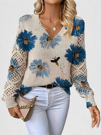 Wren | Women's Floral V-Neck Crochet Sleeve Sweater