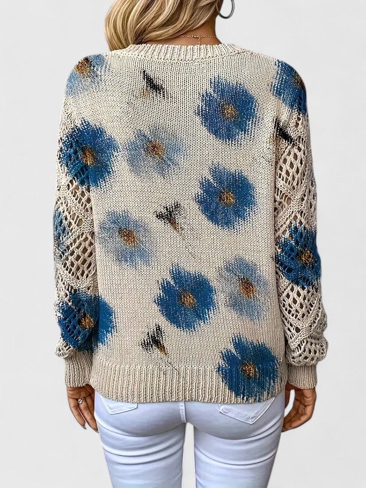Wren floral print sweater with crochet sleeves, back view