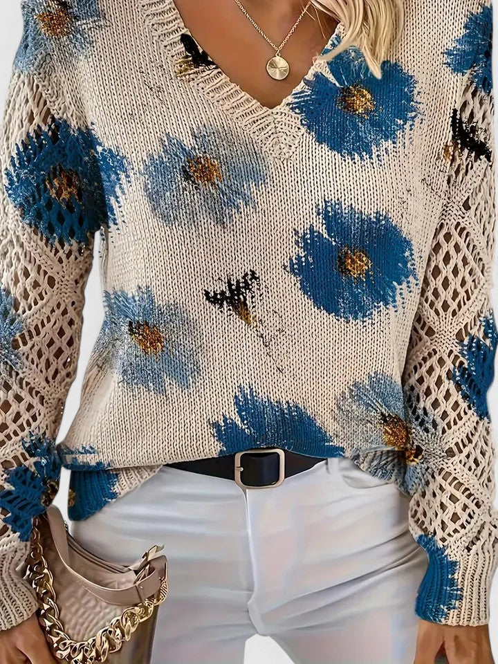 Wren V-neck sweater close-up detail, floral pattern and crochet sleeve