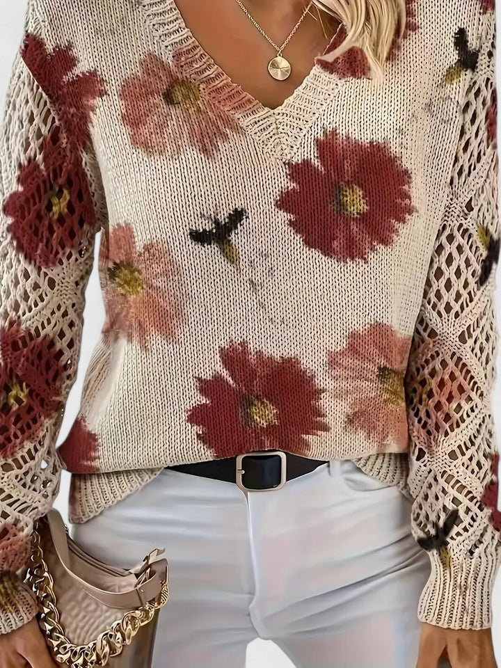 Wren floral V-neck sweater close-up in pink colorway