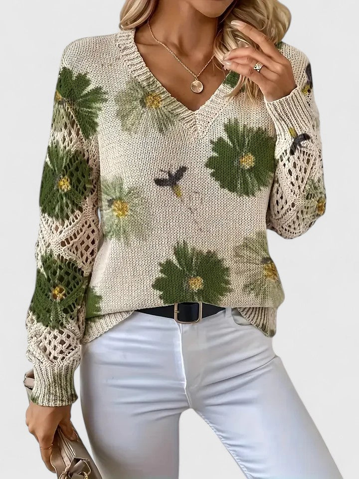 Wren floral V-neck sweater in green colorway, front view