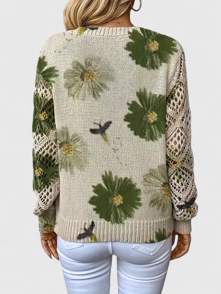 Wren floral V-neck sweater in green colorway, back view
