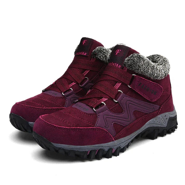 Wren fur trim winter ankle boots in burgundy, pair shown on white background