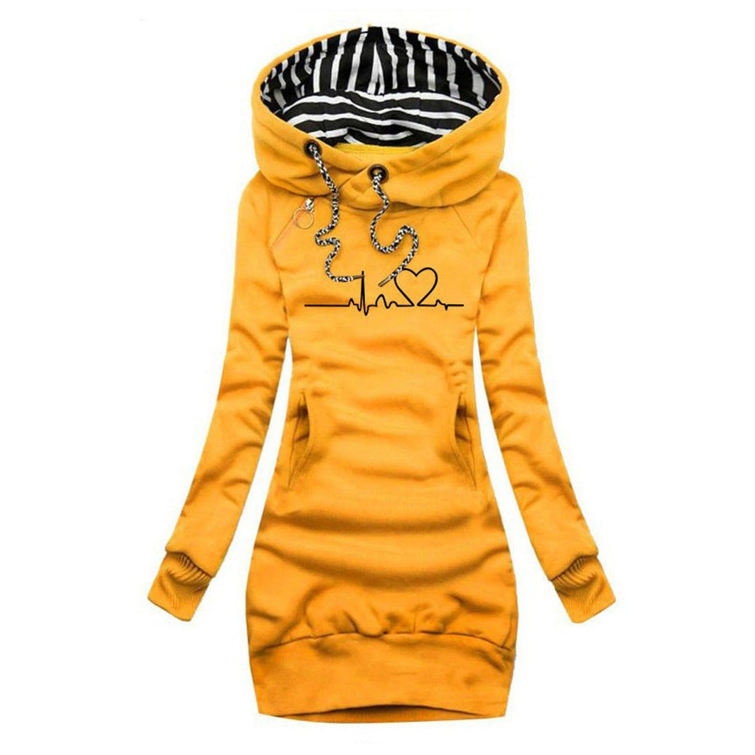 Wren heartbeat print hooded sweater dress in yellow, front view