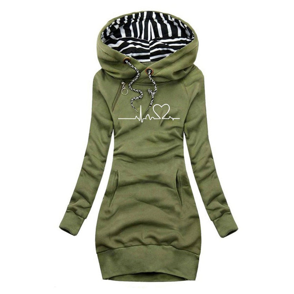 Wren heartbeat print hooded sweater dress in green, front view