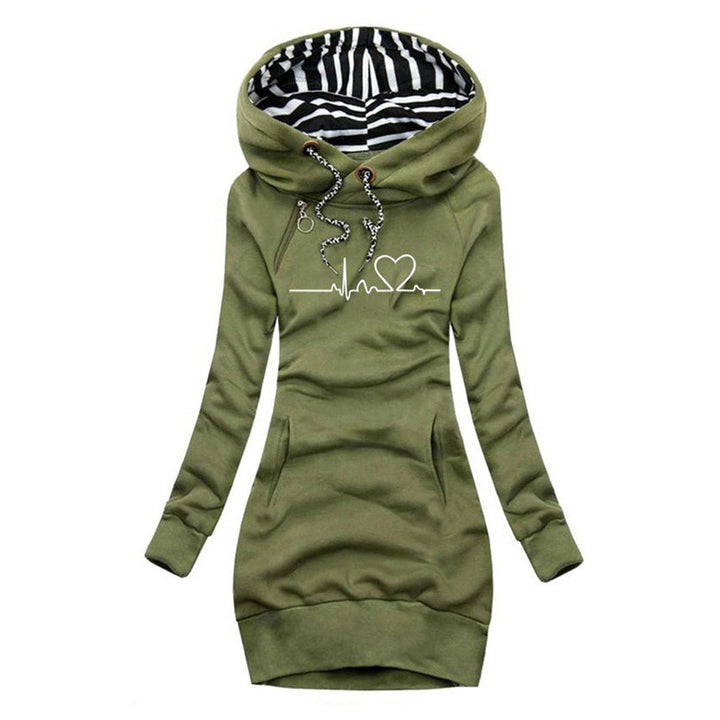 Wren heartbeat print hooded sweater dress in green, front view