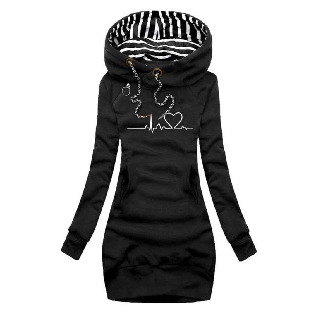 Wren heartbeat print hooded sweater dress in black, front view