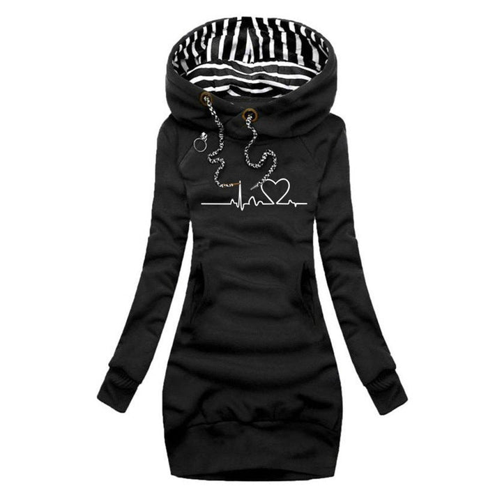 Wren heartbeat print hooded sweater dress in black, front view