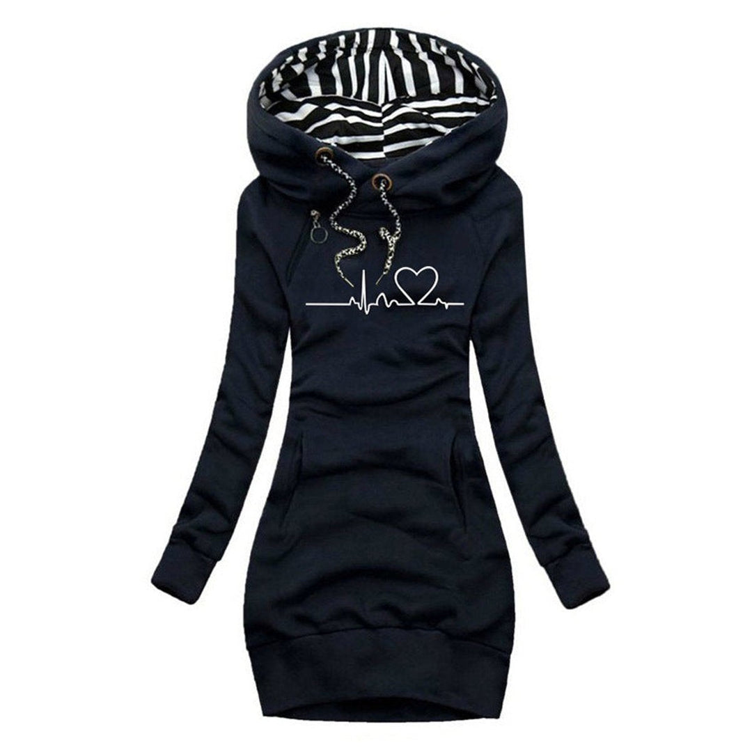 Wren heartbeat print hooded sweater dress in navy blue, front view