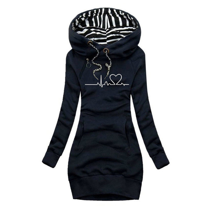 Wren heartbeat print hooded sweater dress in navy blue, front view