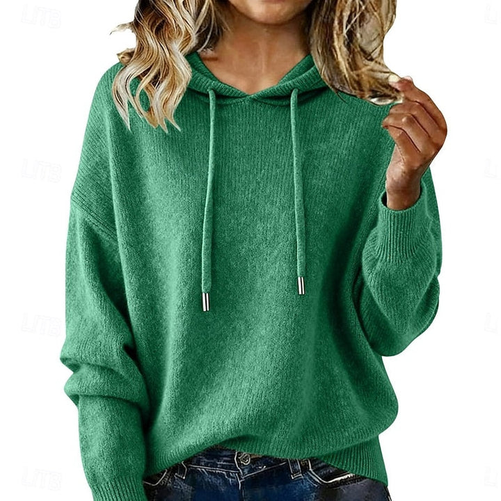 Wren hooded drawstring knit sweater in green, front view