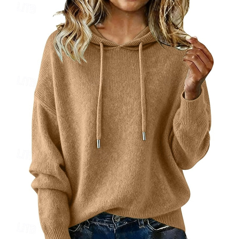Wren hooded drawstring knit sweater in khaki, front view