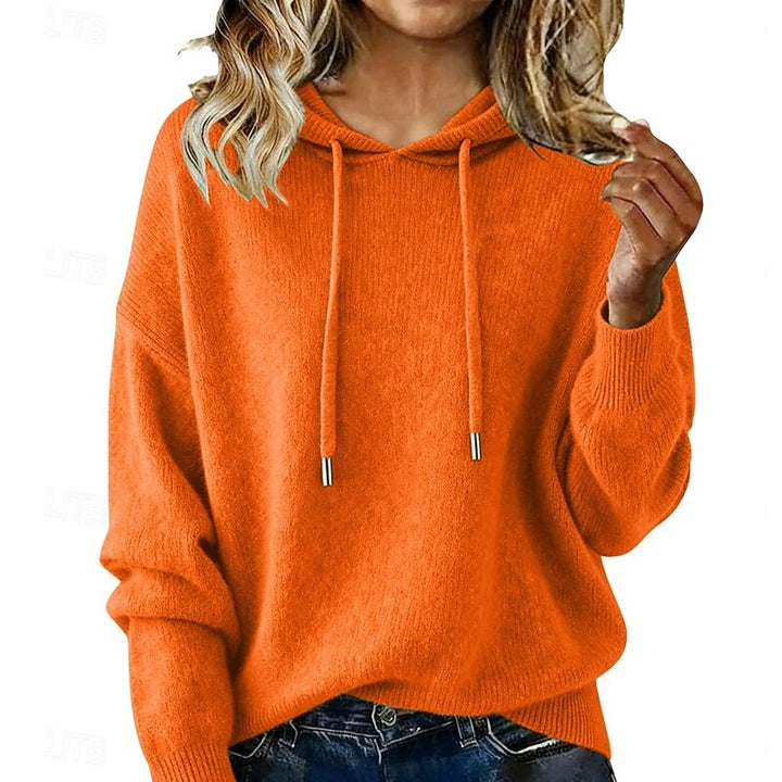 Wren hooded drawstring knit sweater in orange, front view