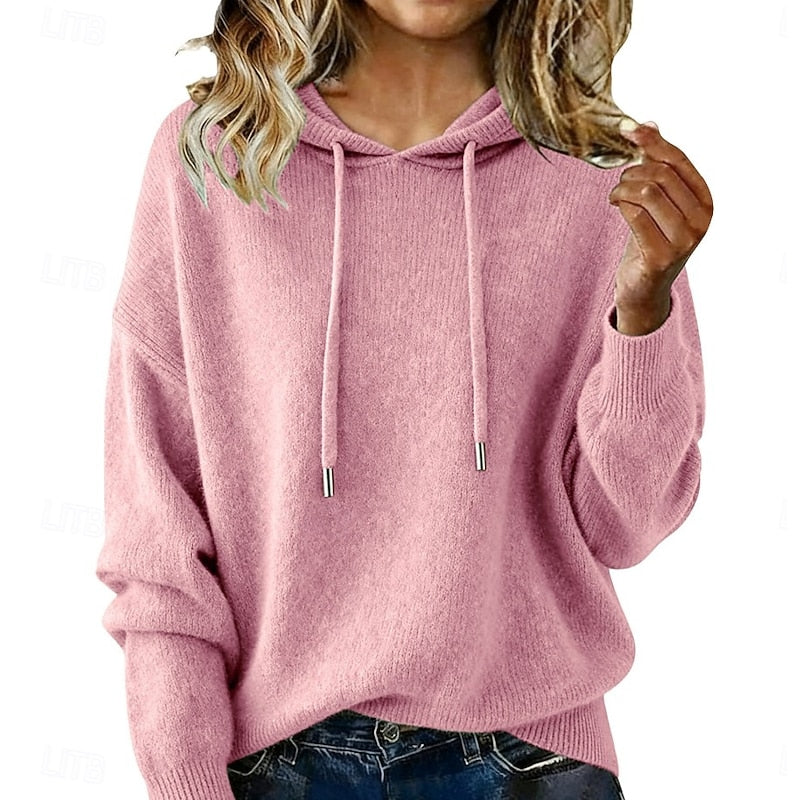 Wren hooded drawstring knit sweater in pink, front view