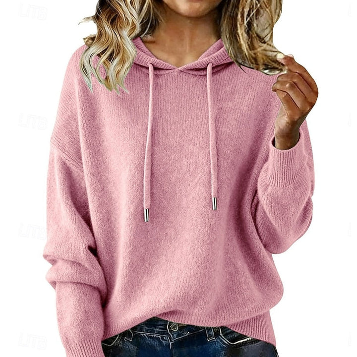 Wren hooded drawstring knit sweater in pink, front view