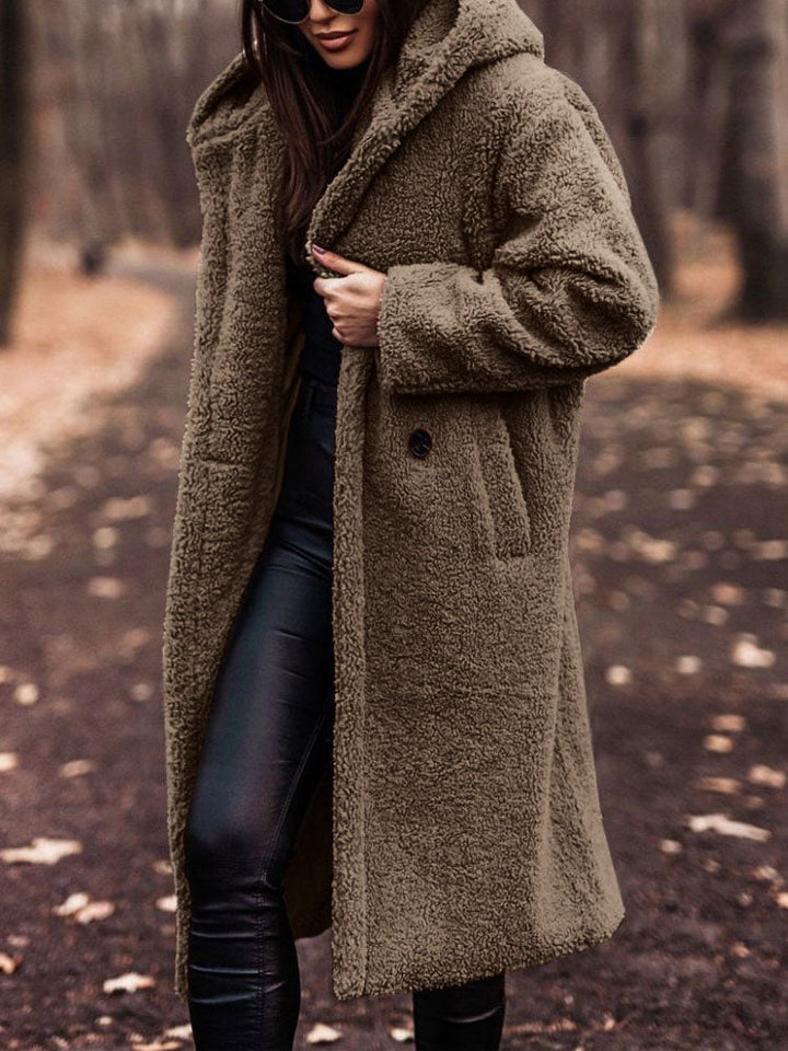 Wren hooded teddy coat in khaki, front view with hood up