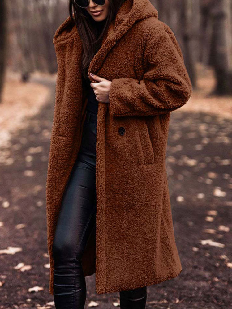 Wren hooded teddy coat in rust brown, close-up front view