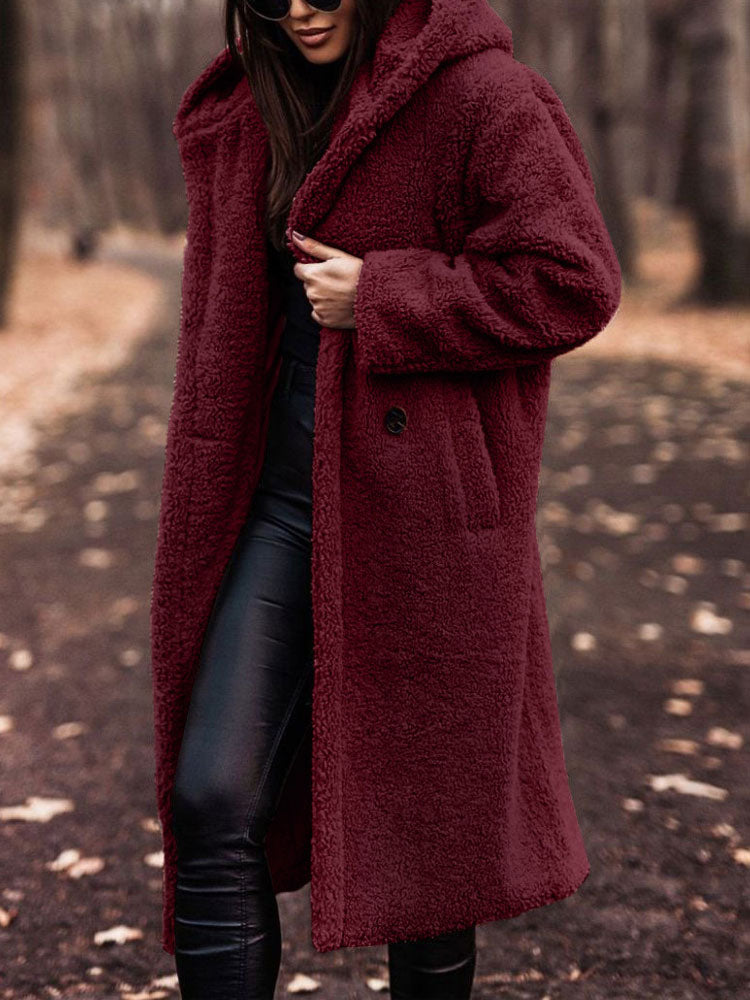 Wren hooded teddy coat in burgundy, front view with hood up