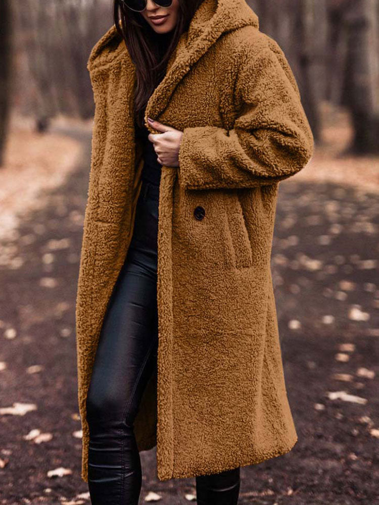 Wren hooded teddy coat in camel, front view with hood up