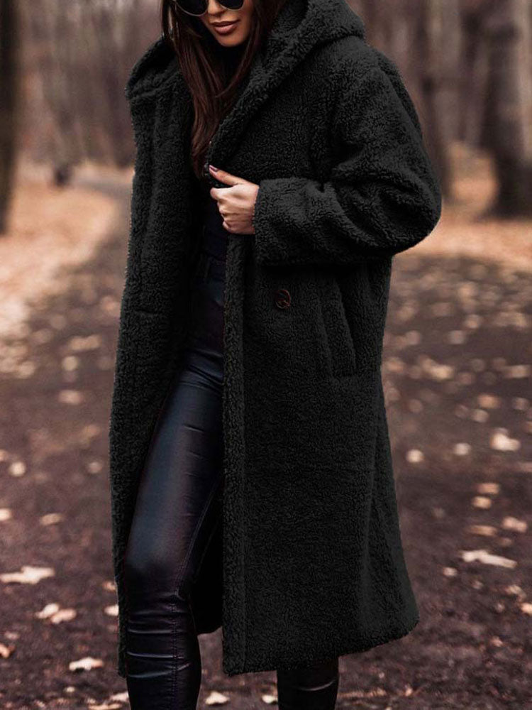 Wren hooded teddy coat in black, front view with hood up