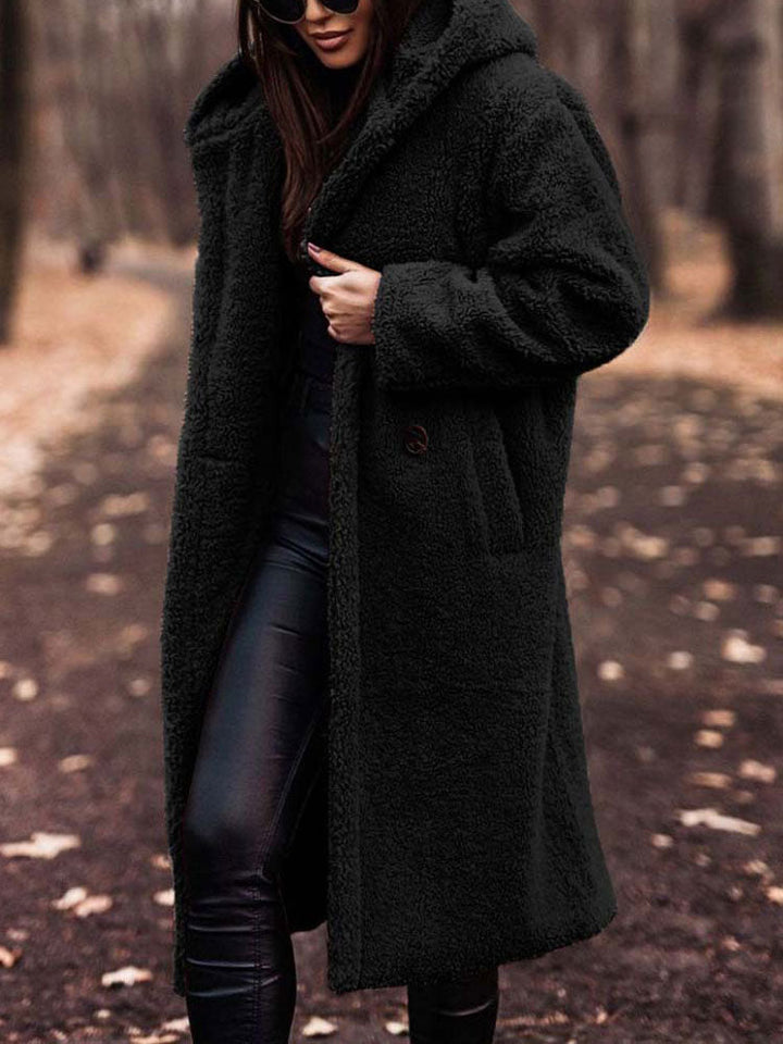 Wren hooded teddy coat in black, front view with hood up